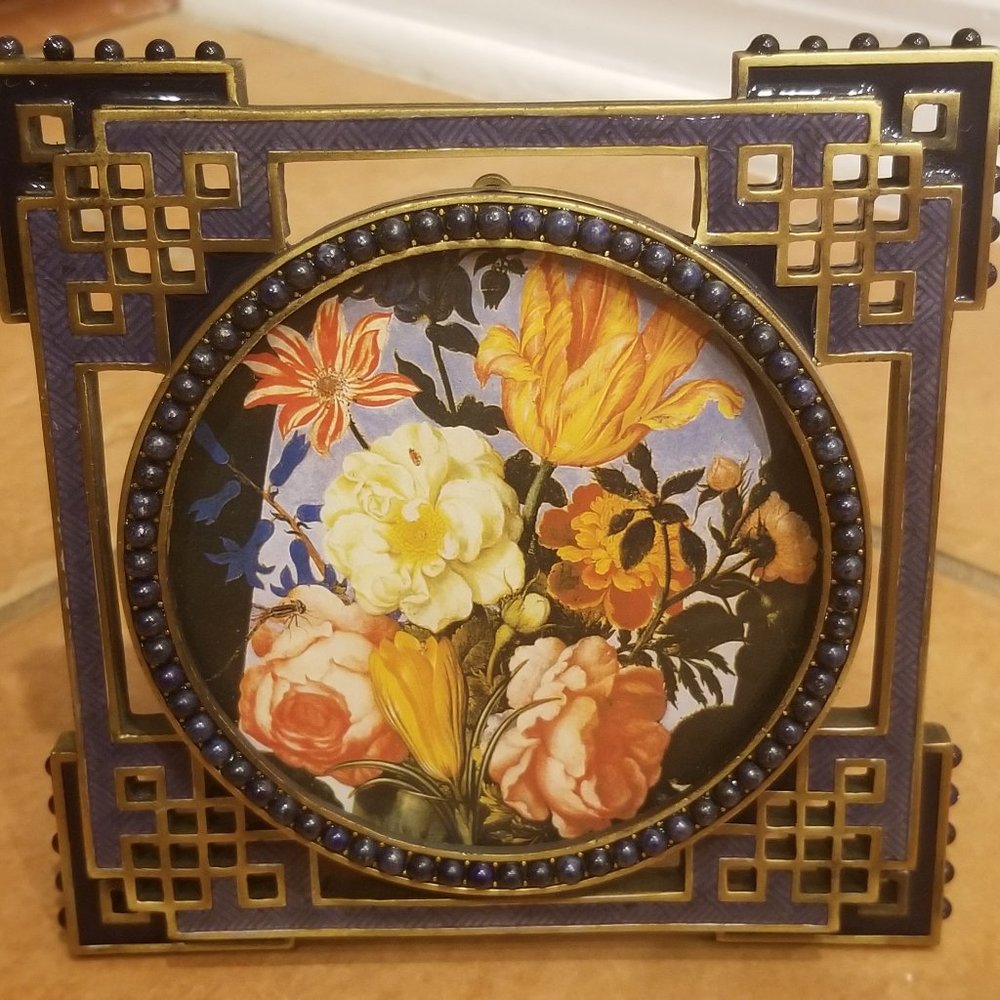 RARE JAY STRONGWATER CHINOISERIE DECO TAO FRETWORK CABOCHON STONE ENAMEL FRAME